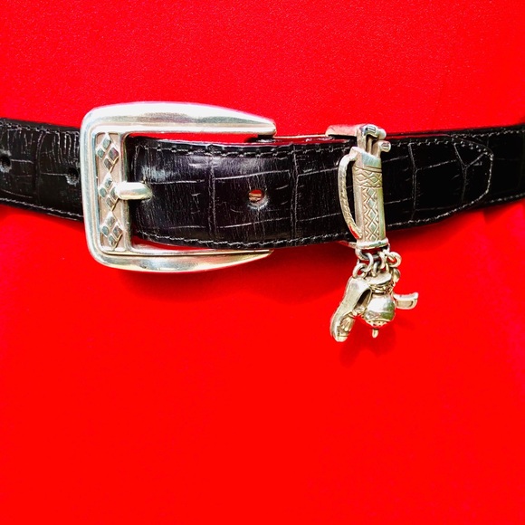 Brighton black textured leather golf belt with 3 charms and reptile skin Sz S/28 - Picture 3 of 16